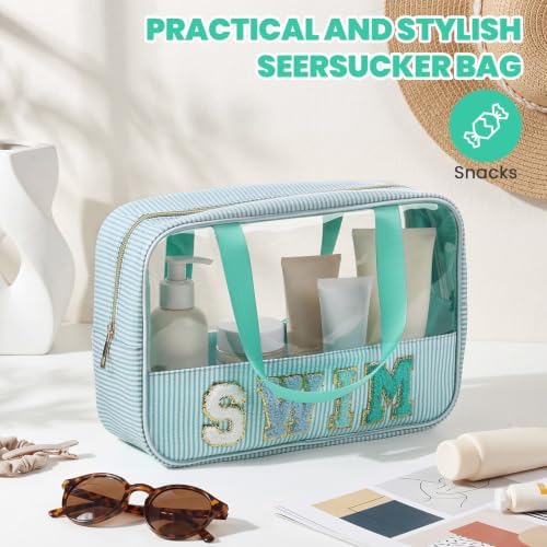 Sanwuta Seersucker Swim Bag Chenille Letter Clear Makeup Bag - Image 4