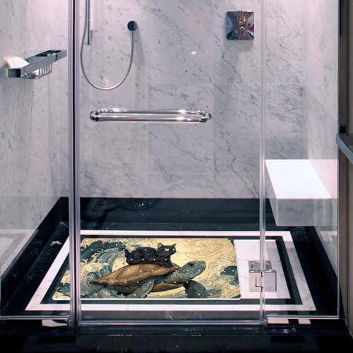 Bathtub Mat Non Slip 26.8x15.1 Inch, Cat Riding Turtle Ocean Wave Shower Mat - Image 6