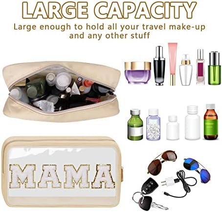 Iqimott Clear Patch Makeup Bag Mama Pouch, Preppy Personalized Chenille Letter - Image 4
