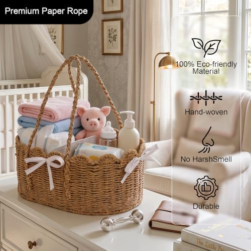 3 Set Wicker Diaper Caddy Organizer, Paper Rope Storage Baskets Nursery Bin - Image 4