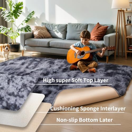 KICHOWUA 4x6 Thick Dark Grey Fluffy Shag Plush Washable Rug - Image 4