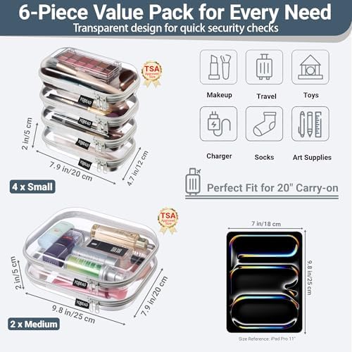 YQBRAO Clear Hard Shell Zipper Cases, 6 Travel Organizers, 2M 4S - Image 4