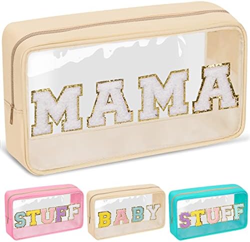Chenille Letter Clear Makeup Bags Mama Pouch, Preppy Patch Makeup Bag by izuzta
