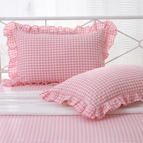 2 Pack Coral Pink Gingham Ruffle Standard Pillow Shams 20"x26" by KMASANIJI