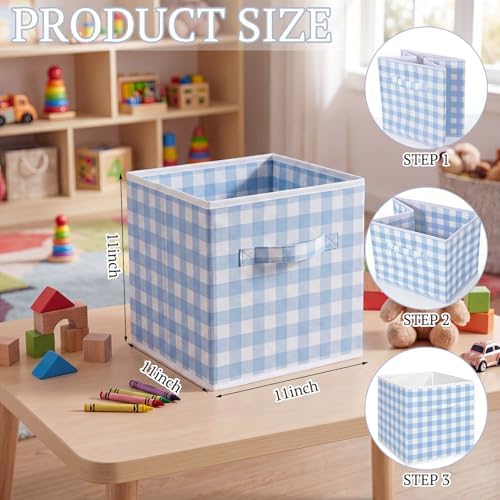 Yalikop 6 Pcs Blue Gingham Cube Storage Bins, 11 Inch Fabric Checkered - Image 2