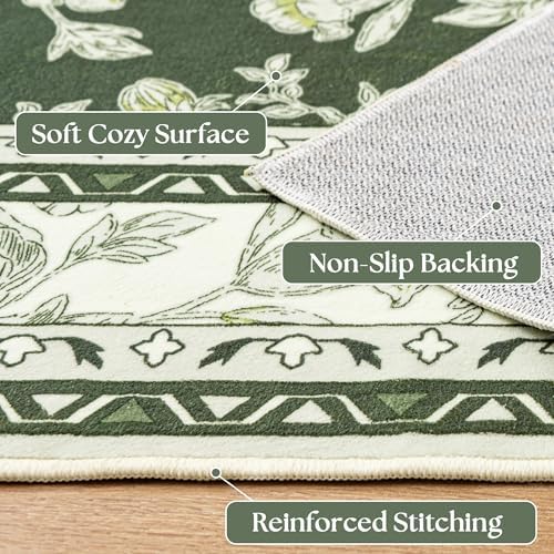 Olive Green Rug 6x9 for Dining Room Sketch Patterned Washable Area Rugs - Image 4