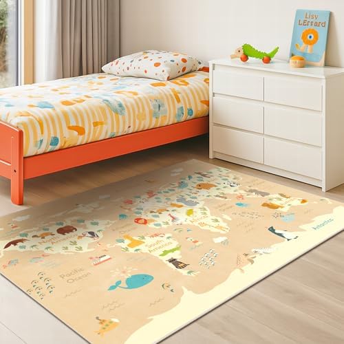 Kids Bedroom Rug with World Map & Animals – 4x6 Educational Washable Area Rug by HazoHaus