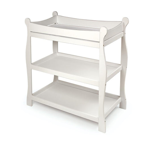 Badger Basket Sleigh Style Baby Changing Table - Nursery Diaper Station with Safety Rails, Foam Pad, and Two Storage Shelves - Nursery Organizer - White