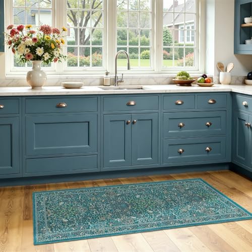 Teal Boho 2x5 Rug Runners for Hallways Non Slip, Whimsical Tree of Life Floral - Image 3