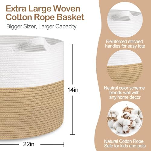MEGASKET Extra Large Storage Basket, 22” x 22” x 14” Cotton Rope Bins - Image 2