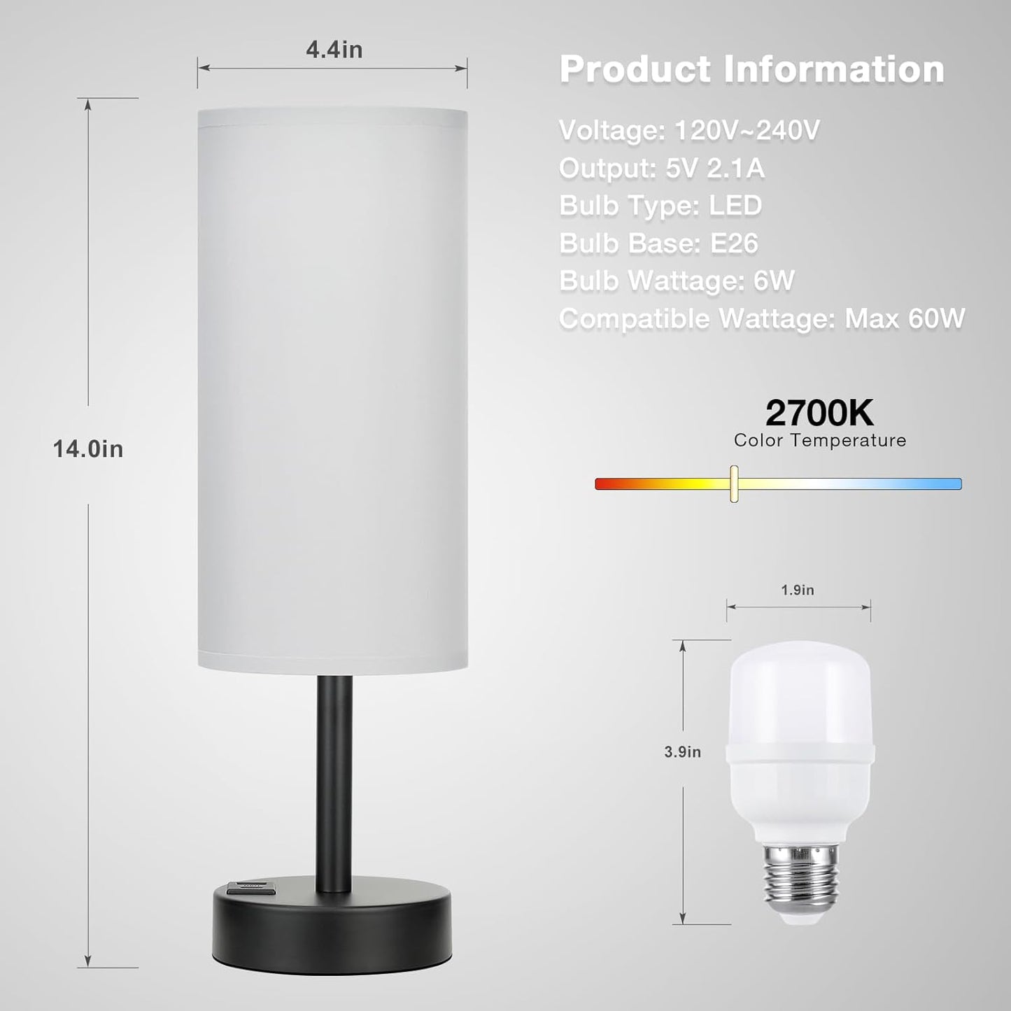 Grey Touch Nightstand Lamps for Girl - Small Bedside Lamp with USB-C and USB Charging Ports, 3 Way Dimmable Control Table Lamp for Living Room Office, Dorm, Reading with Fabric Shade Black Base