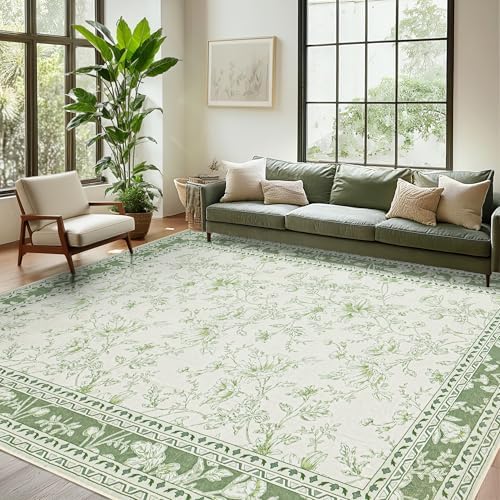 Sage Green Area Rug 6x9 Floral Print Washable Throw Rugs by BILEEHOME