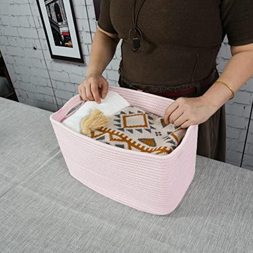 XUANGUO Woven Cotton Rope Storage Baskets 15x10x9.3" 3 Pack Light Pink - Image 3