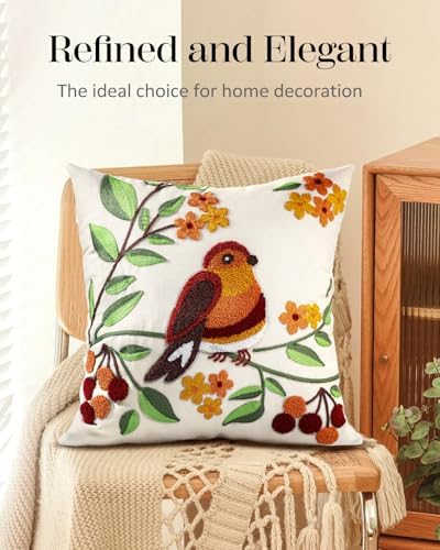 Embroidered Throw Pillow Cover, 18x18 Inch, Bird Branch - Image 5