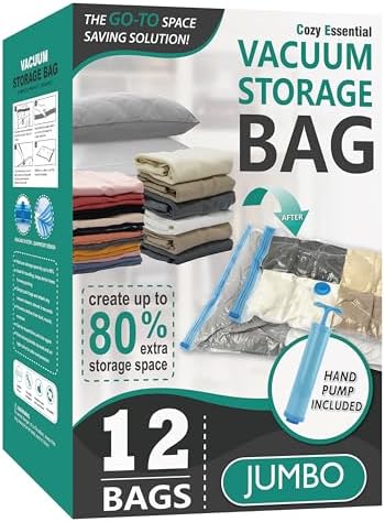 12 Jumbo Vacuum Storage Bags for Blankets & Bedding, Space Saver Bags by CozyEssential