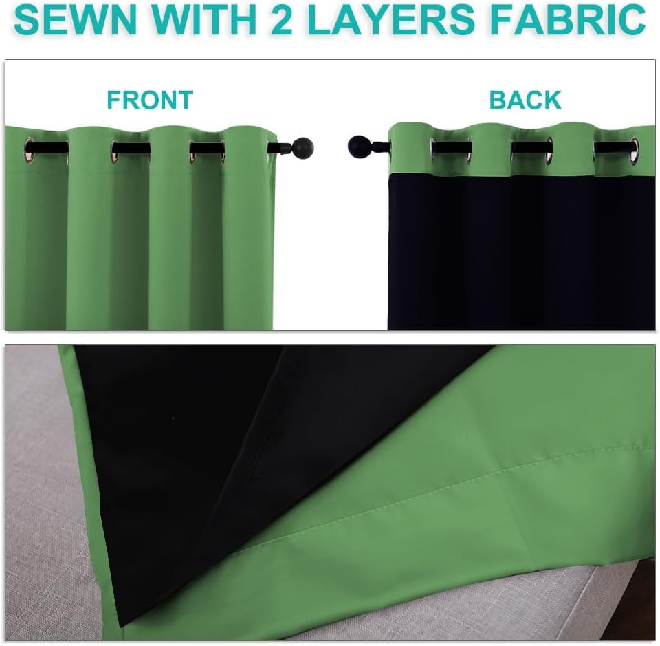 NICETOWN 100% Blackout Lined Curtains, Forest Green, 1 Pair, 42" Width x 63" Length Each Panel, 2 Thick Layers Completely Blackout Window Treatment Panels Thermal Insulated Drapes for Kitchen