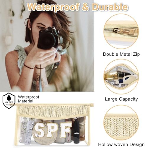 Iqimott Boho Patch SPF Bag Clear Makeup Letter Bag, Waterproof Zipper Make up - Image 3