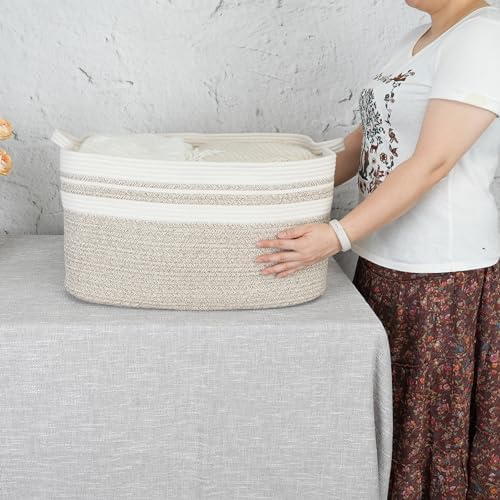 XUANGUO Large Woven Cotton Rope Blanket Basket 22"x17"x12" White Brown - Image 3