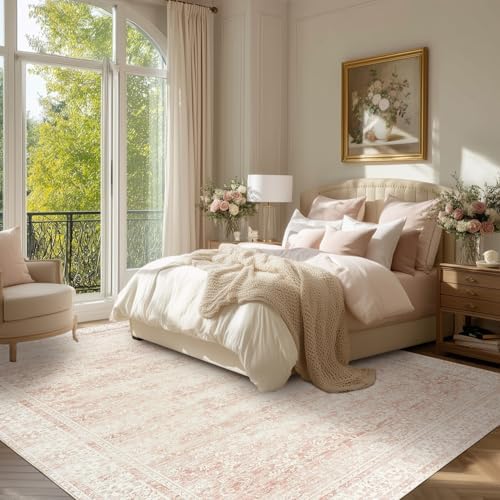 Blush Pink Floral Rug 5x8 Washable Vintage Distressed Rugs - Image 2