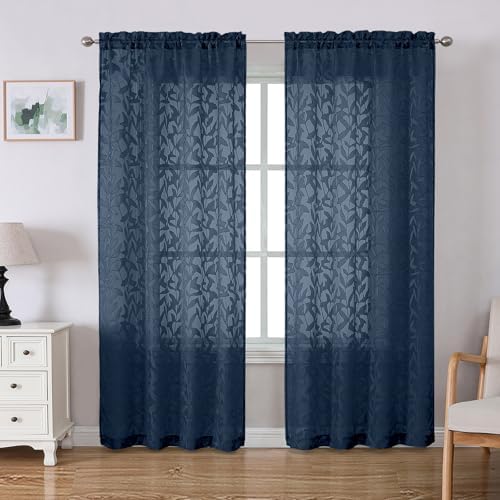 Lecloud Leia Navy Blue Sheer Curtains 72 Inches Long 2 Panels, Jacquard Leaf by Lecloud