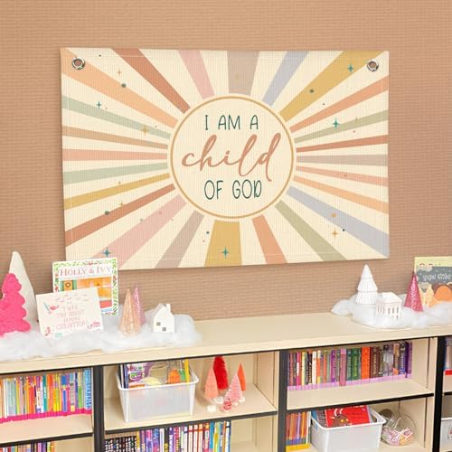 Lacama Christian Nursery Boho Wall Decor Linen Hanging Banner, I Am A Child of - Image 4