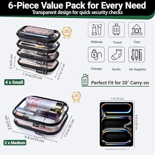 YQBRAO Clear Hard Shell Zipper Cases, 6 Travel Organizers, 2M 4S - Image 4