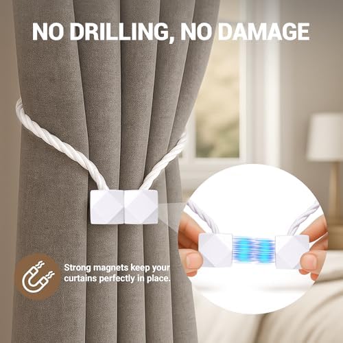 Hion Magnetic Curtain Tiebacks White 2pcs, Curtain Tiebacks Buckles Holdbacks - Image 6