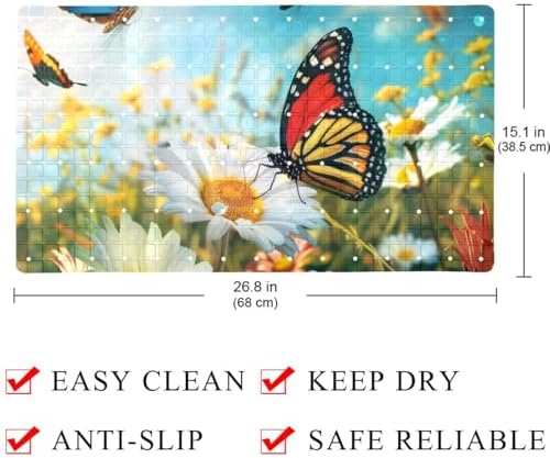 Bathtub Mat Non Slip 26.8x15.1In, Butterflies Daisies Bath Mat - Image 3