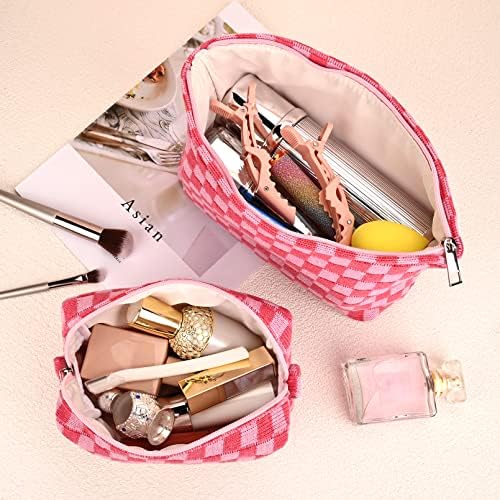 SOIDRAM 2 Pieces Makeup Bag Large Checkered Cosmetic Bag Capacity Canvas Mix - Image 4