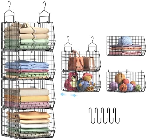 4" Extra Deeper Hanging Closet Organizers and Storage, 4 Tier Foldable Wire by X-cosrack
