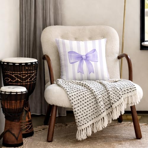 Lilac Bow Decorative Throw Pillow 18x18 Inch – Cute Blush Pink Striped Pillow - Image 4