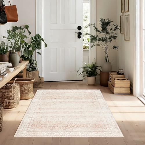 Vintage Pink Rug 3x5 Washable Non Slip Floral Indoor Rugs - Image 5
