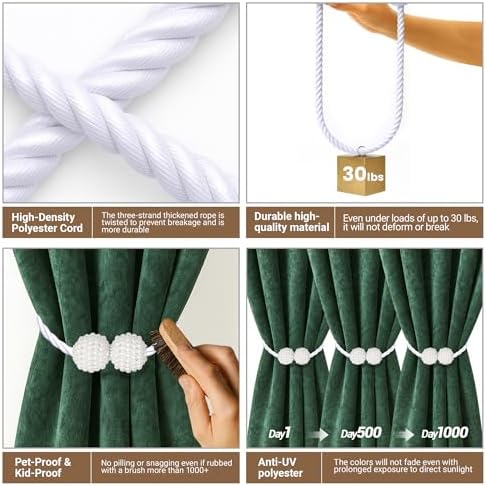 Hion Magnetic Curtain Tiebacks White 2pcs, Curtain Holdbacks Hooks Holders - Image 4