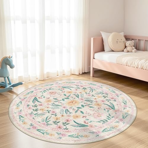 Pink Floral Round Rug 5ft, Washable Boho Circle Area Rug by Dadasgk