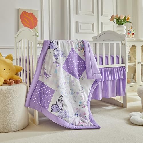 Patchwork Crib Bedding Set Butterfly Plaid Floral Design 3 Pieces Baby Girl - Image 5