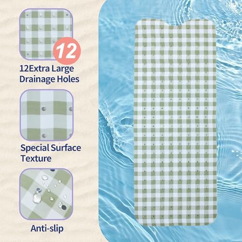 Green Bathtub Mat Non Slip 40x16 Inch Extra Long Bath Mat, Checkered Modern Art - Image 3