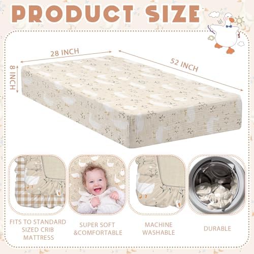 Breling 2 Pcs Muslin Silly Goose and Khaki Gingham Crib Sheets - Image 2