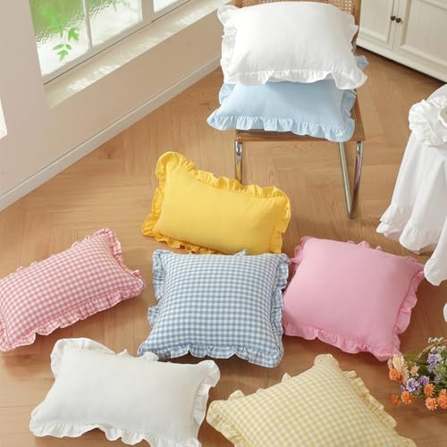 Set of 2 Light Blue Ruffled Lumbar Pillow Covers 12x20 Inch, Soft Fabric Solid - Image 6