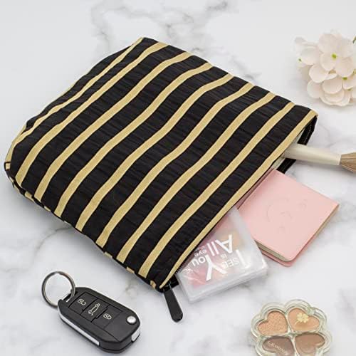 Flat Makeup Bag for Women, Zipper Cosmetic Pouch for Purse, Stripe Black - Image 5