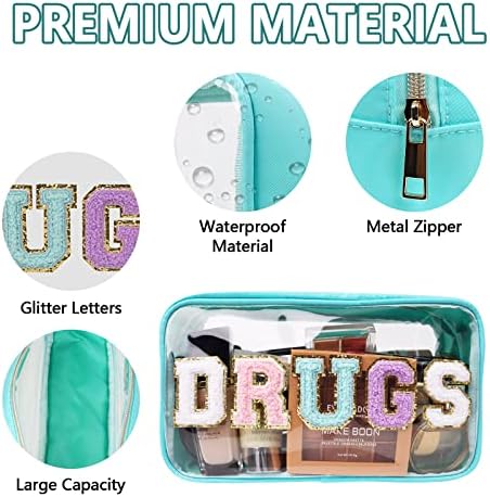 Iqimott Clear Patch Makeup Bag Drugs Pouch, Preppy Personalized Chenille Letter - Image 3