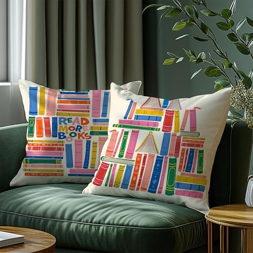 Read More Books Pillow Covers 18x18 Set of 2, Book Reading Nook Corner - Image 3