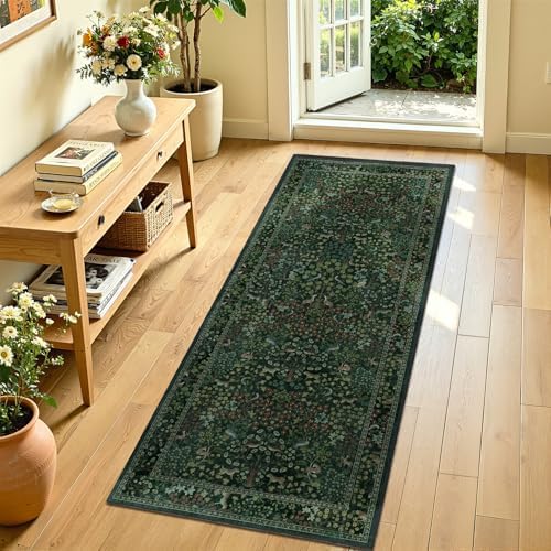Dark Green 2x5 Rug Runners for Hallways Non Slip, Whimsical Tree of Life Floral by Jainmy