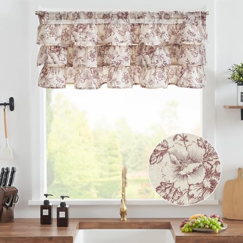 jinchan Alice Ruffled Floral Valance Curtain 18 Inch 1 Panel Red on Linen - Image 2
