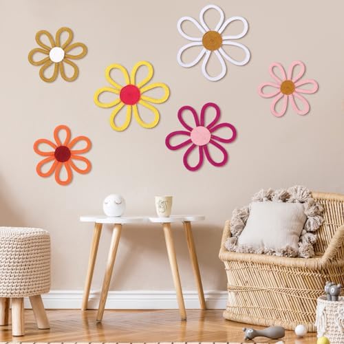 Barydat 6 Pcs Boho Nursery Decor Daisy Flower Woven Macrame Wall Hanging 3 Size - Image 4