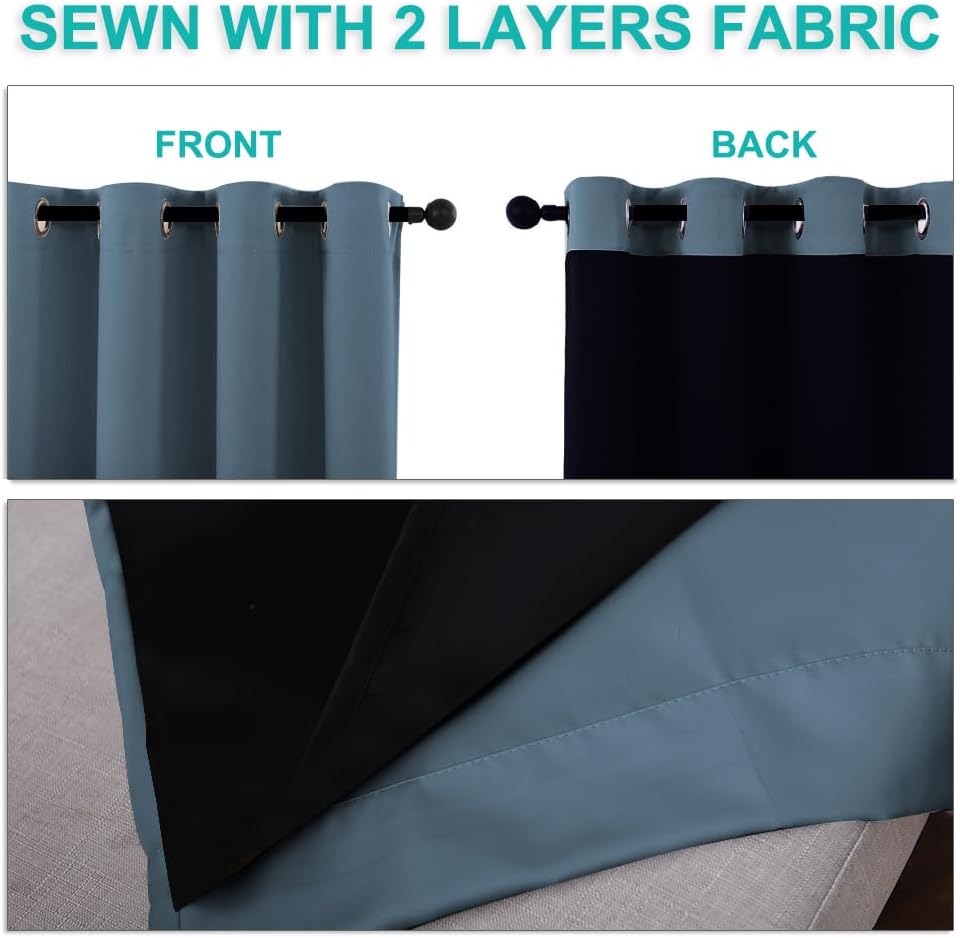 NICETOWN 100% Blackout Short Curtains with Black Liners, 2 Panels, 37" W by 60" L, Smoky Blue, Solid Thermal Insulated Full Blackout 2-Layer Lined Drapes, Energy Efficiency Window Drapes for Bedroom