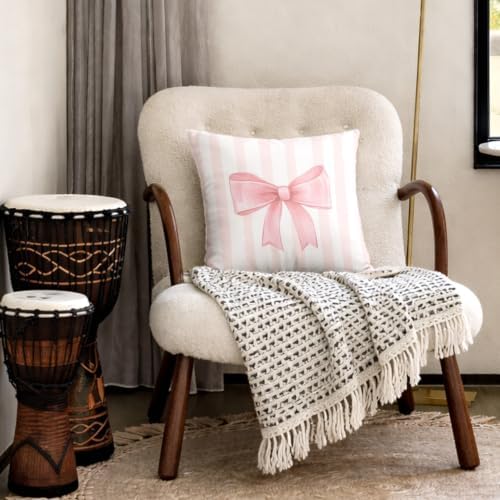 Pink Bow Decorative Throw Pillow 18x18 Inch – Cute Blush Pink Striped Pillow - Image 4