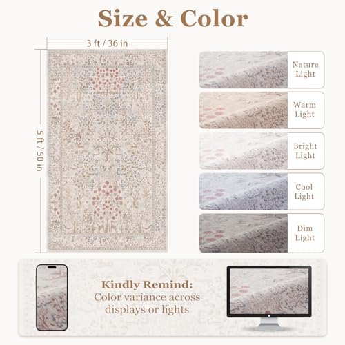 Cream Woodland Area Rugs 3x5, Tree of Life Natural Washable Rug Low Pile Ultra - Image 2