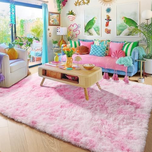 Amdrebio Pink White Fluffy Cute Area Rug 5x8 - Image 5