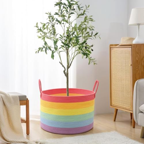 67L Large Rainbow Blanket Basket, Cotton Rope Baby Laundry Hamper - Image 6