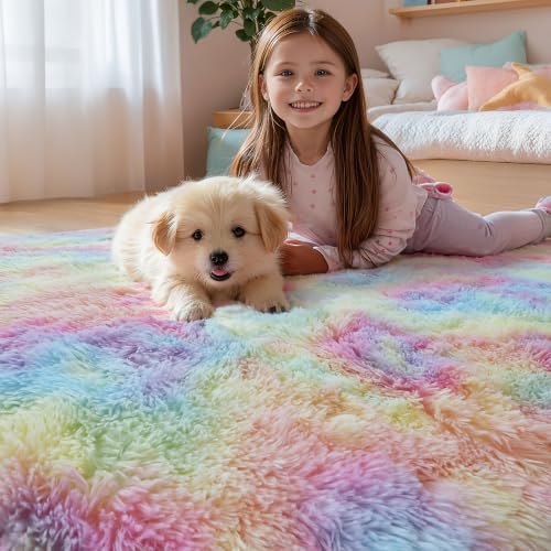 KICHOWUA 4x6 Fluffy Fuzzy Kids Shag Rainbow Rug - Image 2